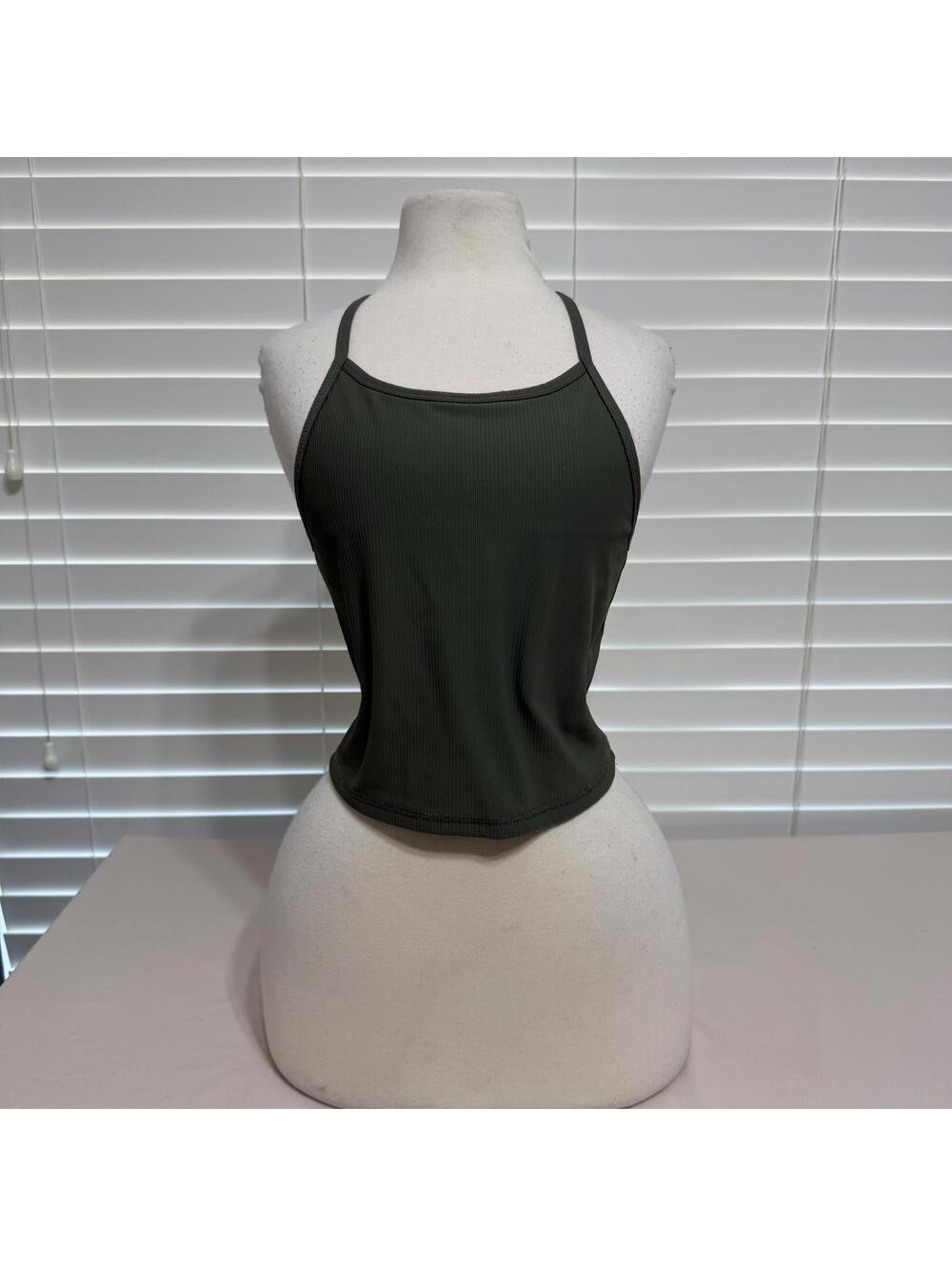 LASLULU Olive Green Ribbed Crop Tank Top